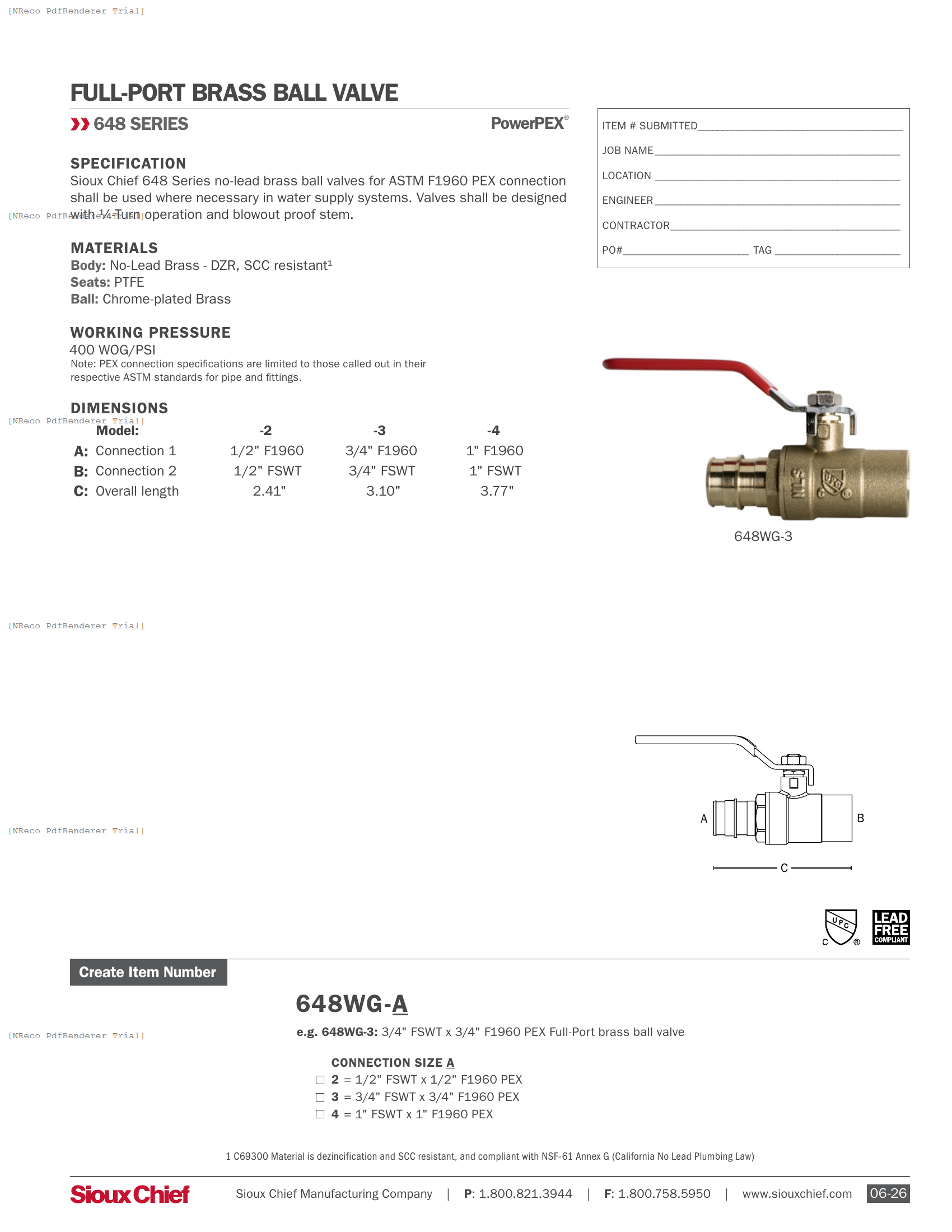 648 SERIES - F1960 X SWEAT BRASS BALL VALVE - SPEC SHEET.PDF Specification Document